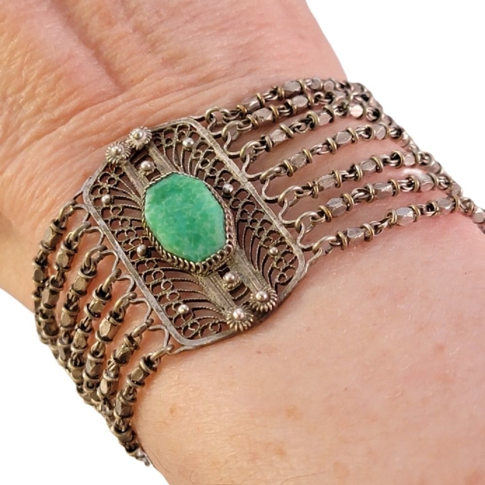 Vintage Silver Middle Eastern Filligree Green Stone Strand Bracelet